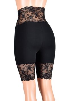 "This item is handmade after you order. Please check current order processing times before placing your order, and contact us if you have any questions about this item. These soft and comfortable \"ribcage\" shorts have a 3 inch higher rise compared to our other high-waisted shorts styles. They have a wide stretch lace waistband and matching lace around the leg. Wear them under skirts, dresses, or shorts for extra leg coverage. ♦Please use the size chart to choose your size. Find it in the photo Stretch Lace Shorts, Plus Size Goth, Black Stretch Lace, Panty Girdle, Waist Corset, Black High Waisted Shorts, Lace Side, Corset Lace, Lingerie Outfits