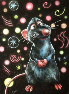 a painting of a rat sitting on top of a black surface with colorful lights in the background