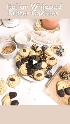 an italian whipped butter cookies recipe on a table with other desserts in bowls and plates