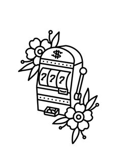 a black and white drawing of a slot machine with flowers on the side, next to it