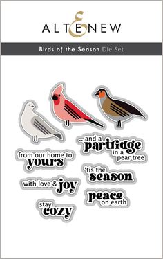 Altenew Stamp & Die Bundle Birds Of The Season Winter Wildlife, Partridge In A Pear Tree, Love Joy Peace, Holly Wreath, Three Birds, Pear Trees, Pear Tree, Christmas Stamps, Peace On Earth