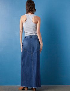 Details of old, made new. Beautiful waist/button detail, with pieced Premium denim construction, the Pieced Denim Maxi Skirt from Wash Lab is a must-own classic. The cover model is 5'9" wearing a size 26 Fabric: 95% Cotton 4% Polyester 1% Spandex Length: 39.25" from waist Fitted Recycled Denim Skirt With Pockets, Fitted Casual Denim Skirt From Recycled Material, Casual Fitted Denim Skirt In Recycled Material, Casual Fitted Denim Skirt In Recycled Denim, Blue Recycled Denim Skirt For Spring, Summer Recycled Denim Skirt In Denim Blue, Casual Fitted Recycled Denim Skirt, Casual Blue Recycled Denim Skirt, Spring Blue Recycled Denim Skirt