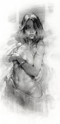 a black and white drawing of a naked woman with her hands on her chest,