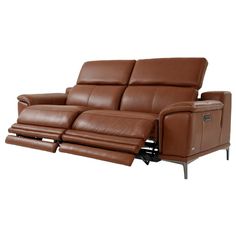 a brown leather reclining sofa with two recliners on the back and one arm facing