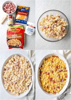 four pictures showing different stages of making macaroni and cheese casserole with ham