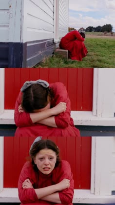 two photos of a woman in red sitting on the ground and another photo of a woman with her head down