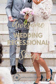 a man and woman standing next to each other in front of a staircase with confetti