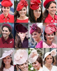 many different hats are shown in this collage with the same woman's face