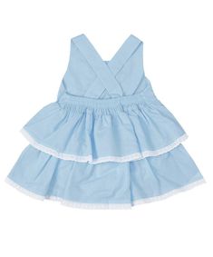 Style # PS-TM1121Made with 100% Cotton Sleeveless Cotton Dress With Ruffled Skirt, Cotton Ruffled Tiered Skirt Dress, Blue Cotton Ruffled Dress, Blue Cotton Dress With Ruffles, Blue Cotton Dress With Ruffled Skirt, Blue Cotton Tiered Dress, Blue Cotton Dress With Ruffle Hem, Light Blue Ruffled Dress For Daywear, Blue Sleeveless Dress With Ruffled Skirt