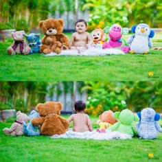 a baby sitting in the grass surrounded by stuffed animals