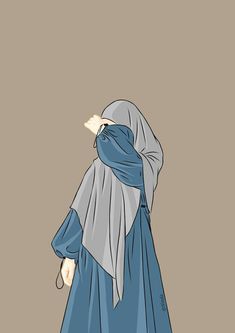 a woman in a blue dress with a white shawl on her head is looking down at the ground