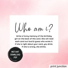 a pink and white background with the words who am i? written in cursive writing