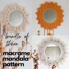 four different circular mirrors with crochet designs on them and the words bundle of three