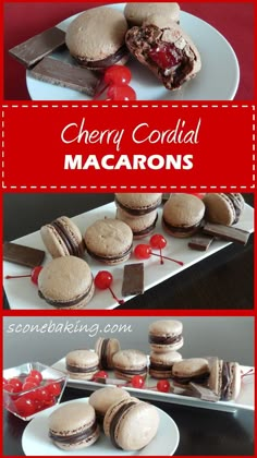 cherry corded macarons on a plate with cherries