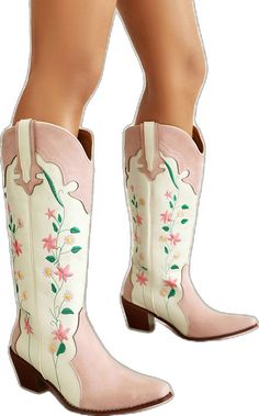 White Low Heel Summer Boots, White Low Heel Boots For Summer, Embroidered Closed Toe Summer Boots, Western Style Mid-calf Boots With Block Heel For Spring, Spring Embroidered White Boots, Spring White Embroidered Boots, Spring Floral Embroidery Closed Toe Boots, White Embroidered Boots For Winter, Casual Pink Mid-calf Boots For Spring