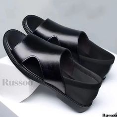 Russoo - Mens Casual Open-Toe Sandals: Non-Slip Slip-On Shoes for Outdoor Beach, Spring, and Summer Wear Black Open Toe Slip-ons, Black Slip-on Slingback Sandals For Summer, Black Round Toe Slip-ons For Summer, Black Open Toe Slip-ons For Summer, Black Slip-ons With Round Toe For Summer, Summer Slip-ons With Rubber Sole In Slide Shape, Summer Slide Slip-ons With Rubber Sole, Leather Slip-ons For Beach In Summer, Summer Slip-ons With Rubber Sole And Slide Shape