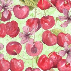 a painting of cherries with leaves and flowers on a green background, painted in watercolor