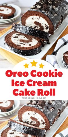 the oreo cookie ice cream cake roll is cut into slices