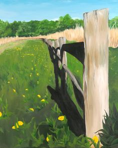 a painting of a wooden fence in a grassy field