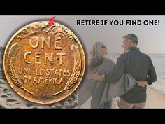 a man and woman standing next to each other on the beach with an old one cent coin