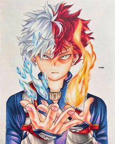 a drawing of an anime character with red hair and blue eyes holding his hands together