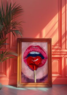 a painting on the wall with a red flower in front of it