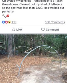 an old trampoline in the middle of a wooded area