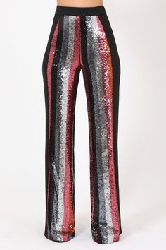 Shine the night away in these colorful sparkle detail pants. -High waist colorful striped sequin pants- Solid color on back w/ zipper - Flared leg design -Stretchy CARE: - Hand wash cold, do not bleach, flat dry Fabric: KNIT AND WOVEN Luxury Fitted Bottoms With Contrast Sequin, Luxury Bottoms For Women's Party Season, Luxury Striped High Waist Bottoms, Luxury Sequin High-waisted Pants, Luxury Fitted Multicolor Bottoms, Luxury Shiny Bottoms For Evening, Luxury Festive Pants For Festivals, Luxury Fitted Pants For Festival, Luxury Sequined Bottoms For Wedding