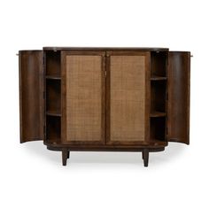 the sideboard is made from wood and has two doors on one side, with an open