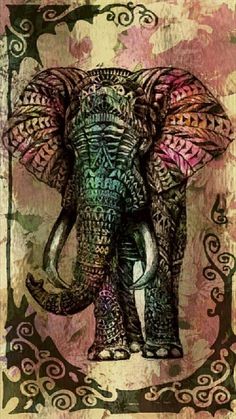 an elephant with ornate designs on it's face and trunk, standing in front of a pink background