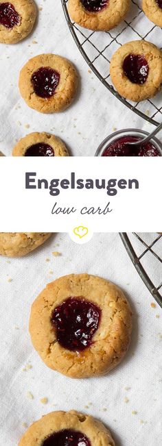 some cookies with jam on them and the words engelsaugen law card above it