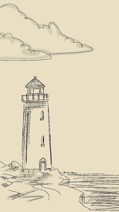 an ink drawing of a lighthouse on the beach with clouds in the sky above it