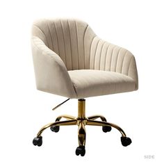 an office chair with wheels and a beige upholstered seat on a white background