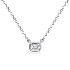 Emerald Cut Diamond East West Bezel Set Pendant in 14Kt White/Yellow Gold 0.35ct Diamond Length 18' *Can be shortened to custom size 14k White Gold Jewelry With Bezel Setting, Classic Platinum Diamond Necklace With Bezel Setting, Platinum Solitaire Necklace With Bezel Setting, White Gold Diamond Necklace With Bezel Setting, Platinum Diamond Necklace With Bezel Setting For Anniversary, Emerald Cut Single Diamond White Gold Necklace, Platinum Bezel Set Diamond Necklace, White Gold Diamond Necklace With Emerald Cut, Platinum Diamond Necklace With Bezel Setting