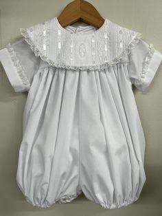 LaJenns 6 Mo. white batiste bubble with pintucks and lace collar.  Great for portaits !  One of a kind! 6 Mo. girl bubble with puff sleeves has been added! Fitted Baptism Dress With Lace Collar For Summer, Summer Baptism Dress With Lace Collar, Classic Fitted Baptism Dress With Broderie Anglaise, Classic Baptism Dress With Ruffles, Classic Baptism Dress With Lace Trim, Fitted White Baptism Dress With Broderie Anglaise, Lace Collar, Clothing Sets, Pin Tucks