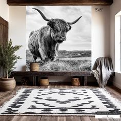 Peel and stick Highland cow mural in black and white for rustic homes Cow Bedroom, Black And White Highland Cow, Hyland Cow, White Highland Cow, Cow Black And White, Grilling Art, Western Style Decor, Farmhouse Gallery Wall, Western Farmhouse