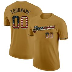 Custom Old Gold Vintage USA Flag-Black Performance T-Shirt Customizable Crew Neck T-shirt For Fan Gear, Customizable Cotton Sports T-shirt, Customizable Black T-shirt For Fan Gear, Custom Print T-shirt For Sports Events, Jersey T-shirt With Graphic Print For Team Events, Sports Fan Apparel T-shirt With Custom Print, Custom Print Short Sleeve T-shirt For Team Events, Customizable Crew Neck Jersey T-shirt, Customizable Jersey T-shirt For Team Events