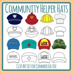 the community help hats clip art set is shown in various colors and sizes, including caps