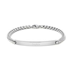 Engravable Round Box Link ID Bracelet - for delivery in a gift box! Easily engrave with a name  initials & message. Lowest price guaranteed! Metal Nameplate Bracelet With Name Detail, Elegant Stainless Steel Nameplate Bracelet, Stainless Steel Nameplate Bracelet, Classic Engraved Link Chain Bracelet, Everyday Engraved Stainless Steel Name Bracelet, Classic Engraved Oval Link Chain Bracelet, Trendy Silver Name Bracelets, Trendy Silver Bracelets With Name, Trendy Silver Personalized Bracelets