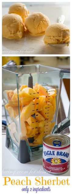 the ingredients for peach sherbet in a blender, and then placed on top of each other