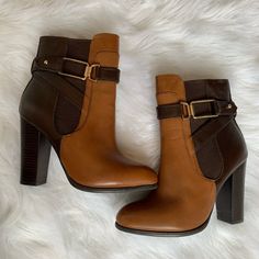 Never Used Brown Ankle Booties With Buckle Closure, Brown Ankle-high Heels With Buckle Closure, Brown Padded Ankle Boot Heels, Brown Ankle Boots With Padded Ankle, Brown Booties With Buckle Closure Medium Width, Brown Booties With Buckle Closure, Brown Ankle Strap Boots For Fall, Brown Ankle Strap Boots For Spring, Brown Ankle Strap Heeled Boots For Spring