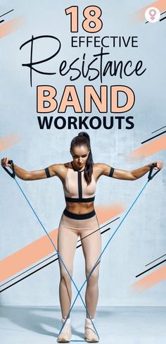 a woman in tights is doing exercises with resistance band workouts on a blue background