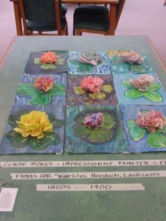 the table is covered with paintings and flowers on it's sides, including water lilies