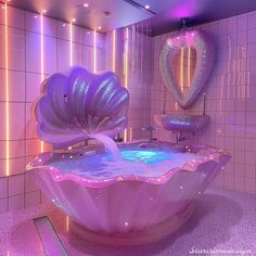 a bathroom decorated in pink and purple with lights on the walls, two sinks and a large shell shaped bathtub