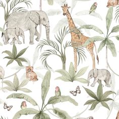 an elephant, giraffe and other animals are in the jungle