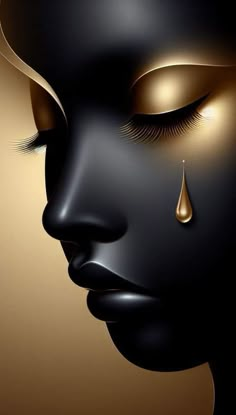 a woman's face with gold eyeshadow and tear droplet on it