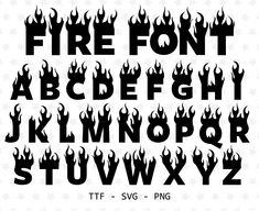 fire font and numbers with flames on the upper part of each letter, in black