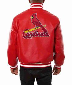 St. Louis Cardinals Varsity Red Leather Jacket Red Leather Jacket For Streetwear In Winter, Red Leather Jacket For Winter Streetwear, Red Long Sleeve Leather Jacket For Streetwear, Red Outerwear For College In Fall, Red Outerwear For Fall, Red Leather Outerwear For Streetwear, Classic Red Varsity Jacket For Winter, Red Hooded Varsity Jacket For Fall, University Red Hooded Outerwear For Fall