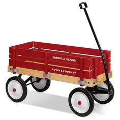 a red wagon with white wheels on a white background