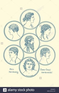 an old fashion hairstyle for men and women, in blue ink on white paper